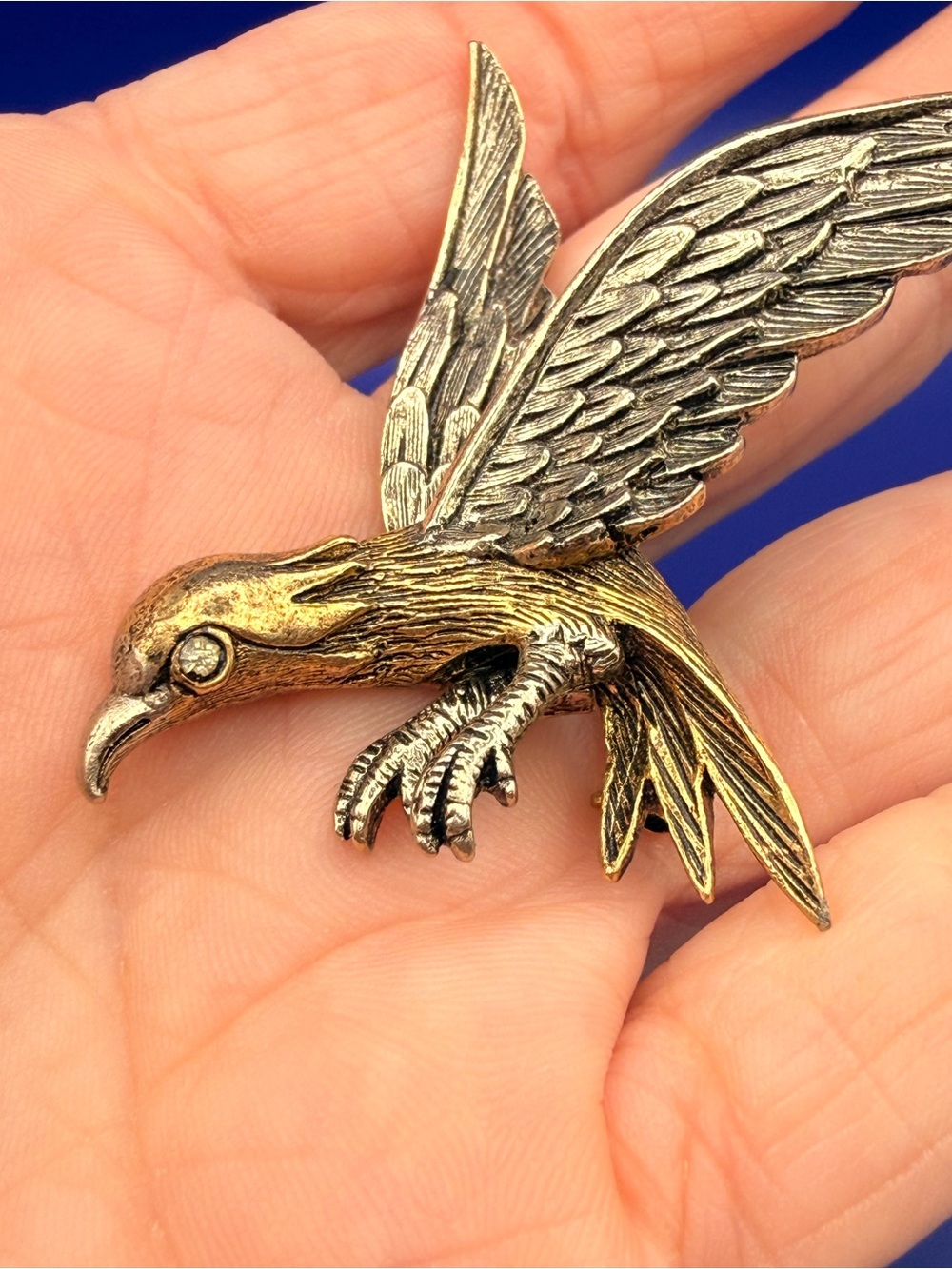 Vintage ART Arthur Pepper Eagle Brooch Articulated Wings Two Tone Rhinestone